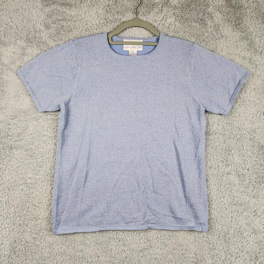 Vintage Susan Graver Shirt Womens Small Blue Metallic Knit Top Disco Retro 90s